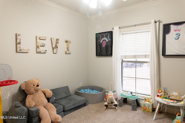 rec room with ornamental molding and carpet flooring