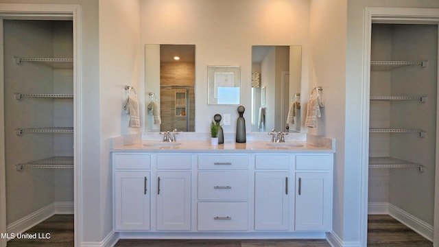 bathroom with a shower with shower door, wood-type flooring, and vanity