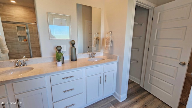 bathroom featuring vanity, wood-type flooring, and an enclosed shower