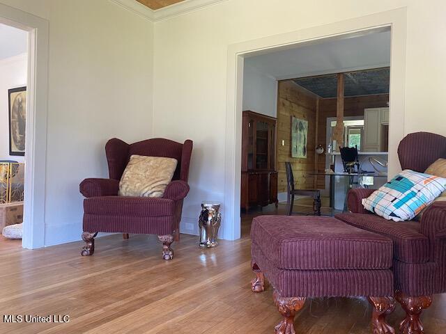 living area featuring light hardwood / wood-style floors and crown molding