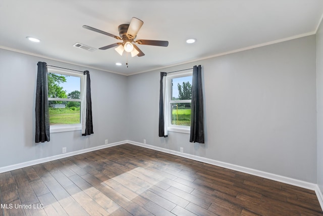 unfurnished room with plenty of natural light, ceiling fan, ornamental molding, baseboards, and recessed lighting