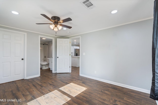 unfurnished bedroom with stainless steel fridge with ice dispenser, baseboards, dark wood-style flooring, recessed lighting, and ornamental molding