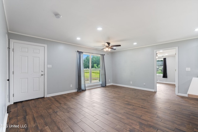 unfurnished living room featuring crown molding, a ceiling fan, plenty of natural light, recessed lighting, and dark wood-style flooring