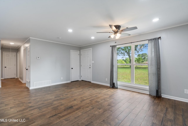 unfurnished room featuring attic access, a ceiling fan, dark wood-style floors, baseboards, and recessed lighting