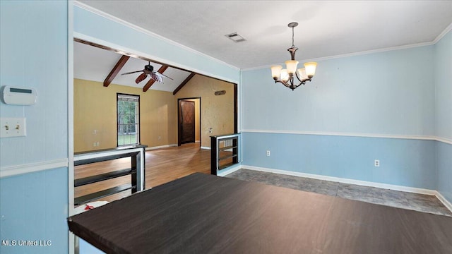 3222 Stage Rd, Morton, MS 39117 - unfurnished dining area with a chandelier, ceiling fan, wood finished floors, and crown molding