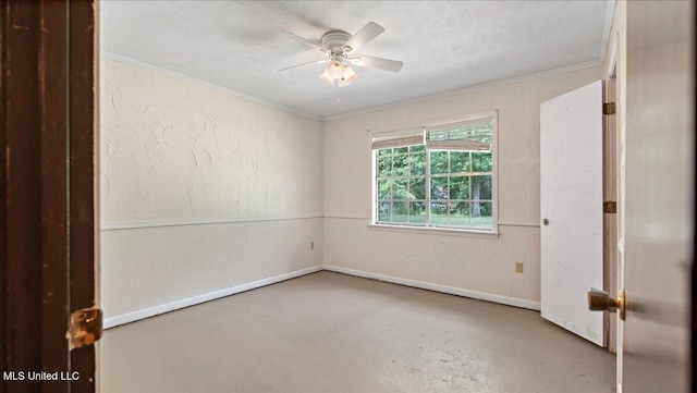 3222 Stage Rd, Morton, MS 39117 - unfurnished room featuring crown molding, concrete flooring, ceiling fan, a textured wall, and a textured ceiling
