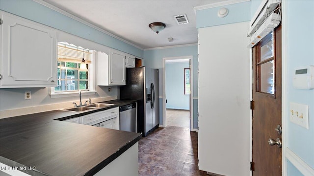 3222 Stage Rd, Morton, MS 39117 - kitchen featuring dishwasher, dark countertops, ornamental molding, white cabinetry, and refrigerator with ice dispenser