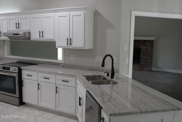 kitchen with ventilation hood, a sink, stainless steel appliances, and white cabinets