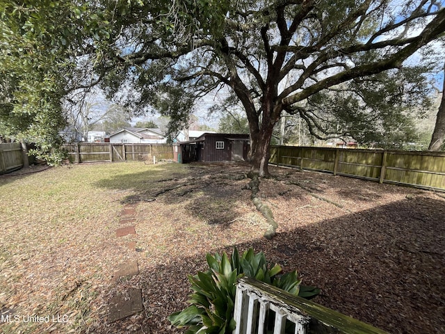 view of yard featuring a fenced backyard and an outdoor structure