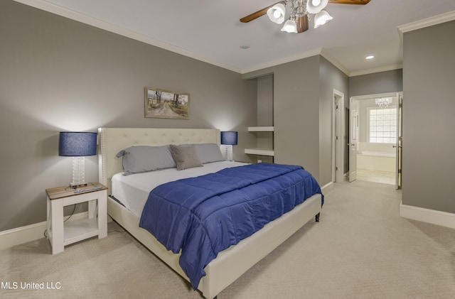 bedroom featuring connected bathroom, crown molding, light carpet, and ceiling fan