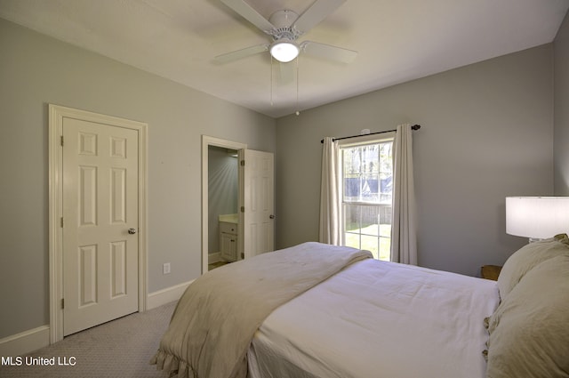 carpeted bedroom with connected bathroom and ceiling fan