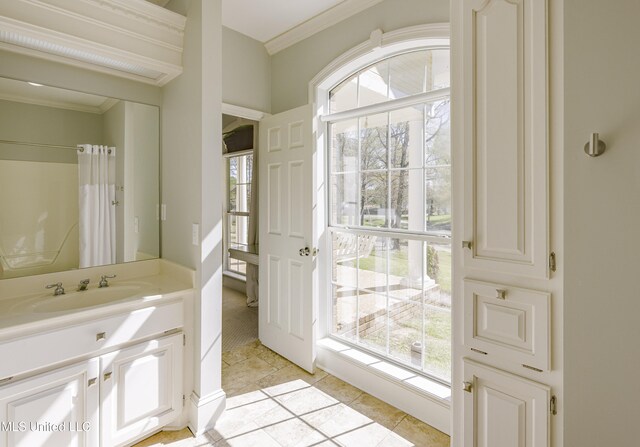 bathroom with vanity, ornamental molding, and tile patterned floors