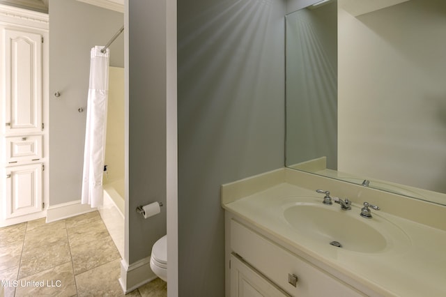 full bathroom with toilet, shower / bath combo with shower curtain, vanity, and tile patterned flooring