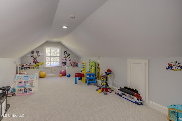 game room with lofted ceiling and carpet flooring