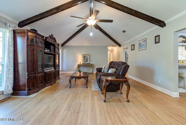 living area with vaulted ceiling with beams, light wood-type flooring, visible vents, and baseboards