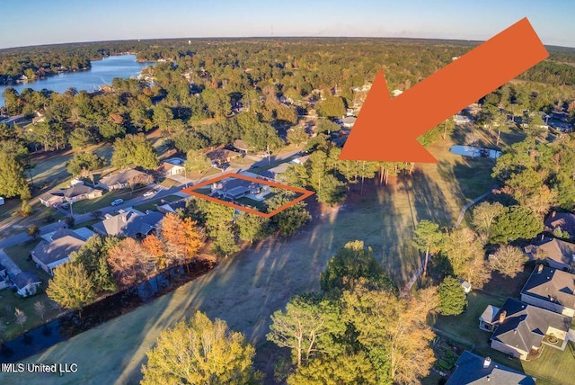 birds eye view of property featuring a water view and a view of trees