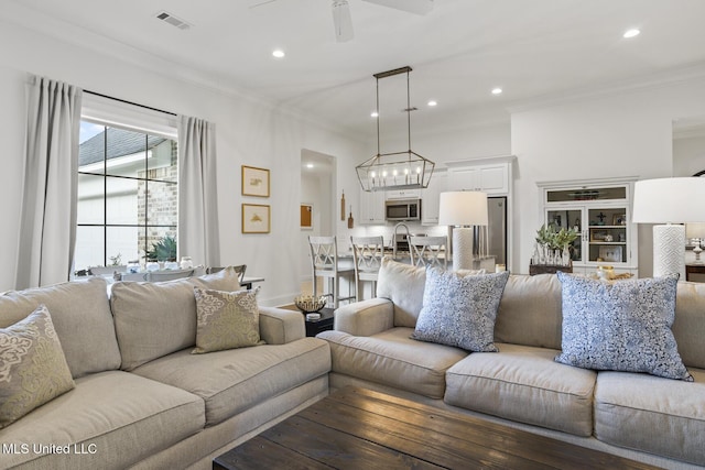 254 Buttonwood Ln, Canton, MS 39046 - living room featuring recessed lighting, a ceiling fan, and ornamental molding