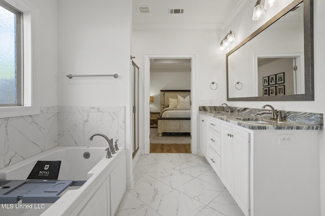 254 Buttonwood Ln, Canton, MS 39046 - full bath featuring marble finish floors, double vanity, a garden tub, connected bathroom, and ornamental molding