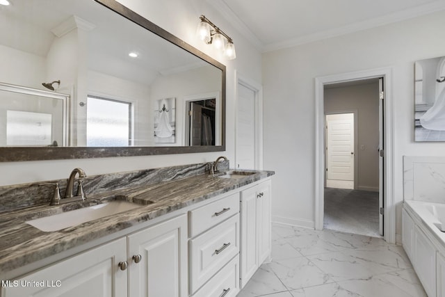 254 Buttonwood Ln, Canton, MS 39046 - bathroom with marble look tile flooring, double vanity, a tub to relax in, ornamental molding, and recessed lighting