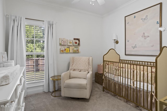 254 Buttonwood Ln, Canton, MS 39046 - bedroom with a nursery area, light carpet, ornamental molding, and a ceiling fan
