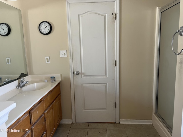 full bathroom featuring tile patterned flooring, an enclosed shower, vanity, and baseboards