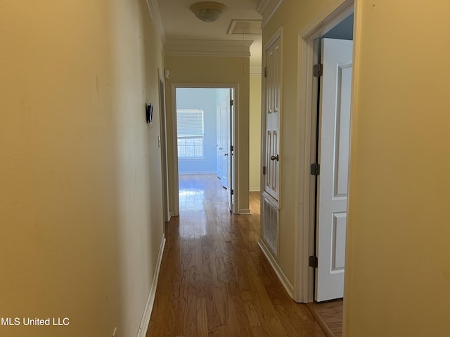 hall with baseboards, dark wood-type flooring, attic access, and crown molding