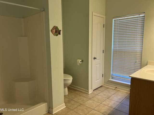 full bathroom with tile patterned flooring, baseboards, walk in shower, toilet, and vanity