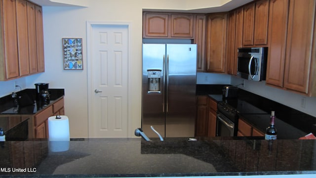 kitchen with stainless steel appliances and dark stone counters