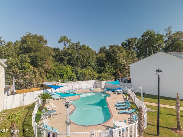 view of swimming pool with a yard and a patio