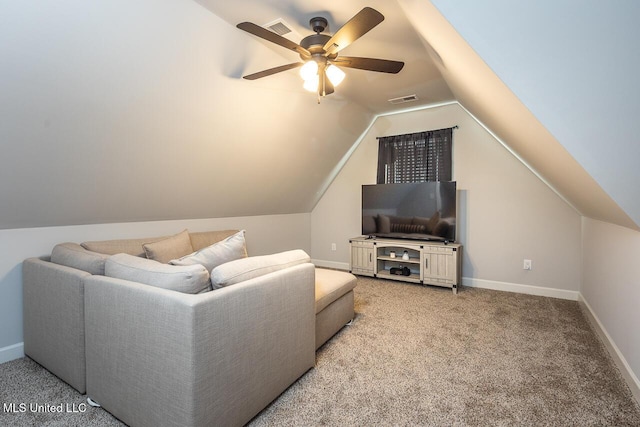 carpeted living room with lofted ceiling and ceiling fan