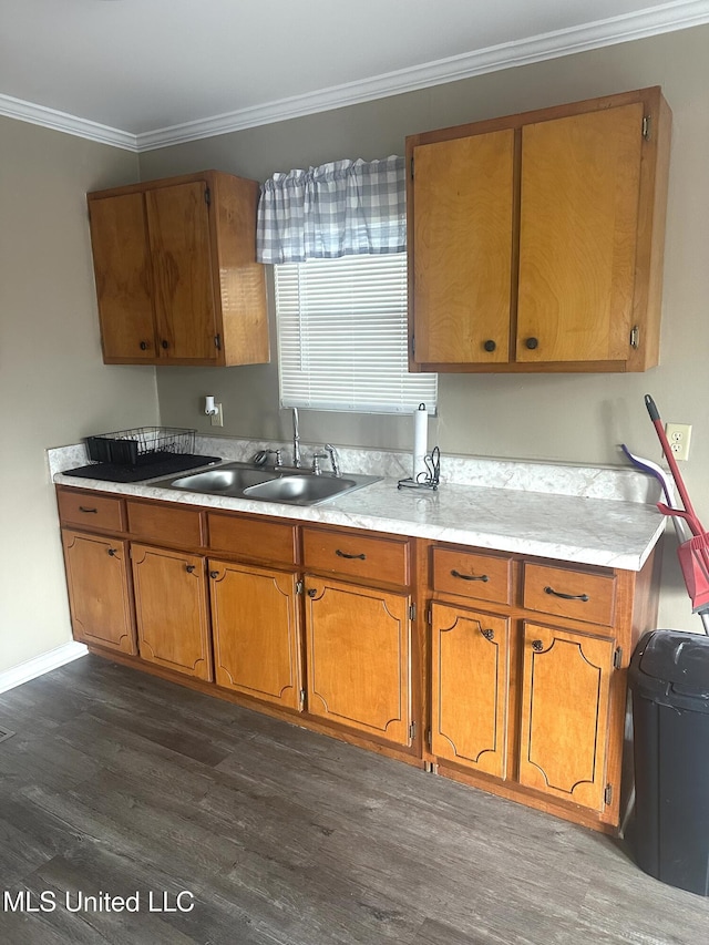 52 Dog Wood Cove Rd, Coffeeville, MS 38922 - kitchen with dark wood-style floors, crown molding, brown cabinetry, and a sink