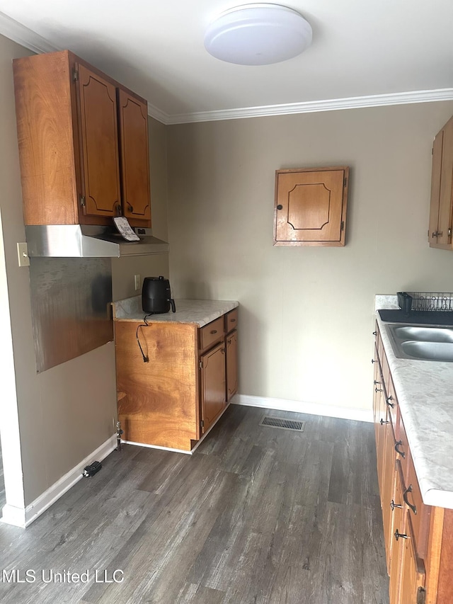 52 Dog Wood Cove Rd, Coffeeville, MS 38922 - kitchen featuring dark wood-style floors, crown molding, visible vents, brown cabinetry, and a sink