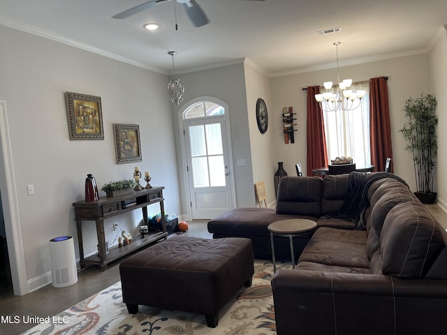 108 Brunswick Cv, Canton, MS 39046 - living room with a chandelier, baseboards, ceiling fan, and ornamental molding