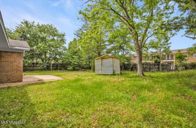 view of yard featuring an outdoor structure, a storage shed, a fenced backyard, and a patio area