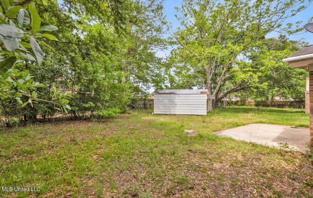 view of yard featuring an outbuilding, a storage unit, a patio area, and fence