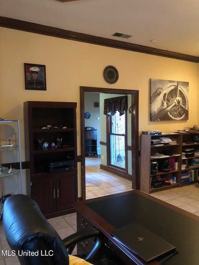 tiled living room with crown molding