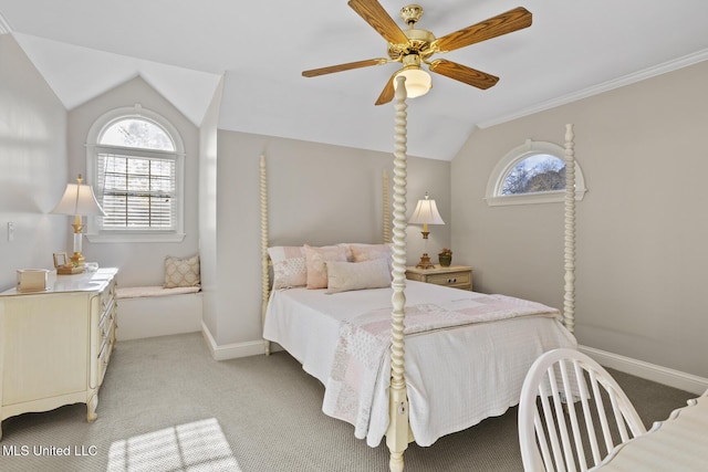 bedroom featuring light carpet, vaulted ceiling, and ceiling fan