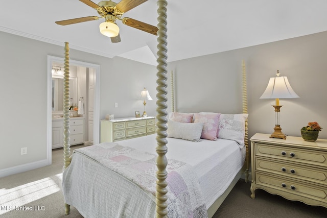 bedroom with light carpet, ensuite bathroom, ceiling fan, and ornamental molding