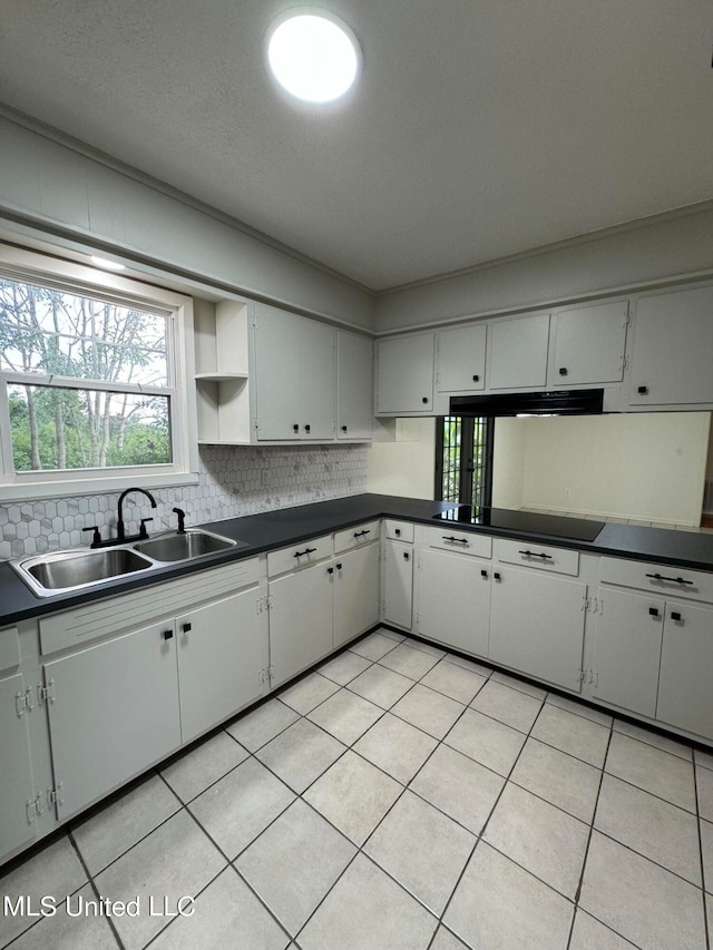 kitchen featuring white cabinetry, decorative backsplash, sink, and a textured ceiling