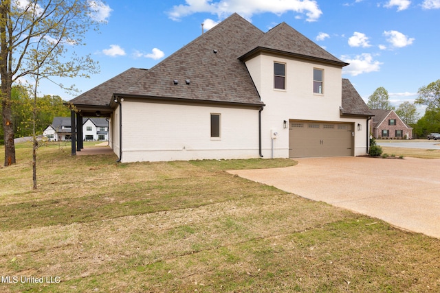 view of property exterior with a lawn and a garage