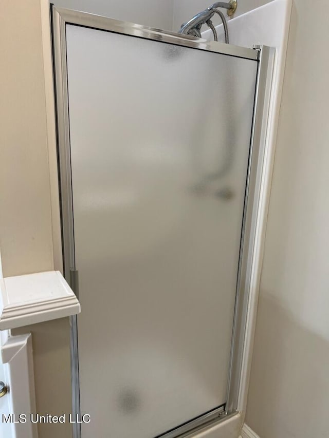 bathroom featuring a shower with door