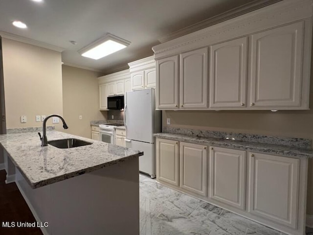 kitchen featuring kitchen peninsula, white cabinetry, crown molding, sink, and white appliances