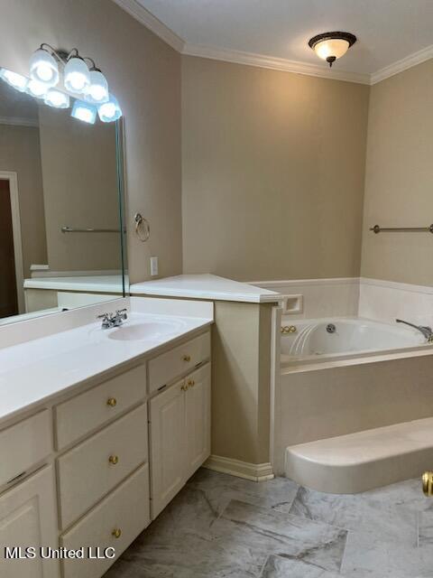 bathroom with vanity, crown molding, and a bathing tub