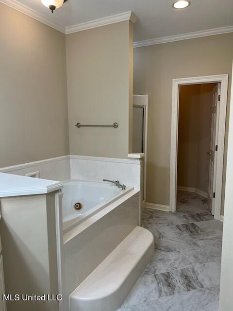 bathroom with a bathtub and ornamental molding