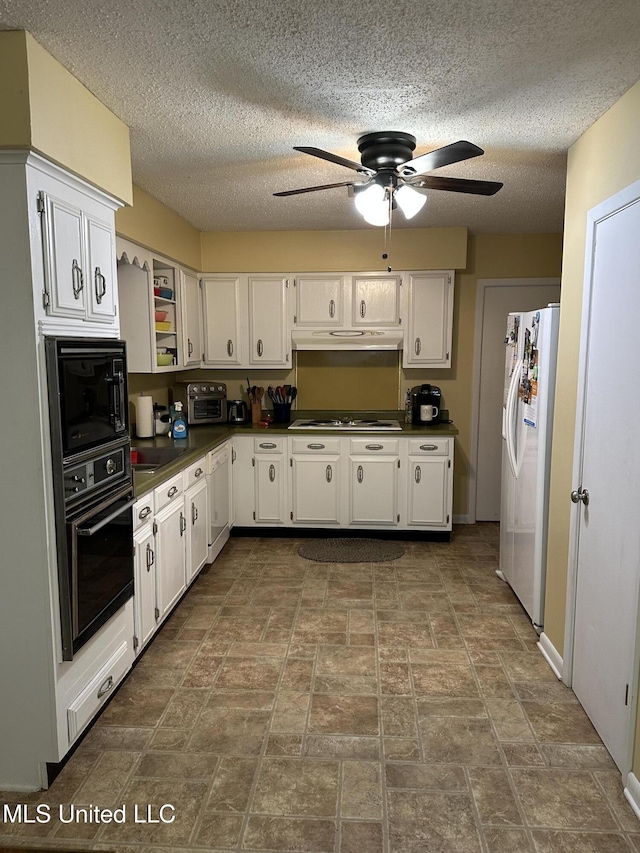 kitchen featuring black appliances, ceiling fan, white cabinets, and a textured ceiling