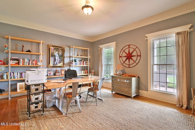 home office with a wealth of natural light, crown molding, and light wood-type flooring