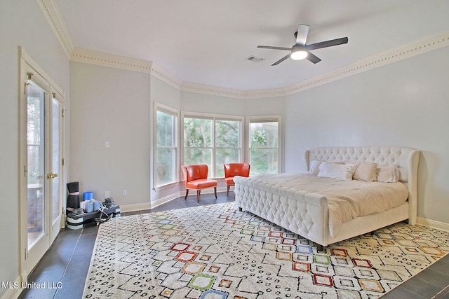 tiled bedroom featuring ceiling fan and ornamental molding