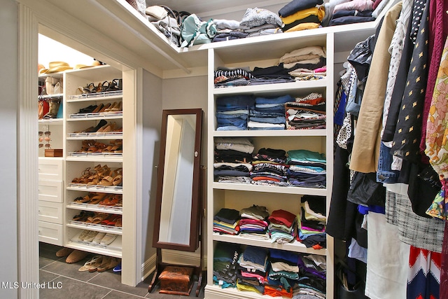 spacious closet featuring dark tile patterned floors