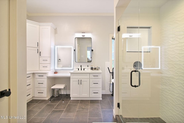 bathroom featuring vanity and a shower with shower door