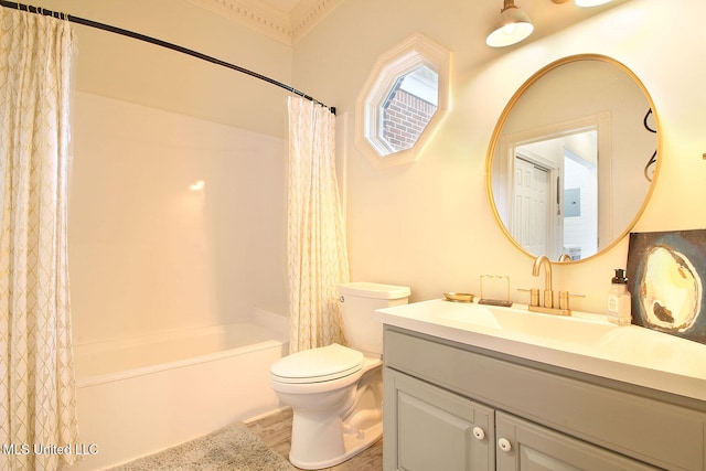 full bathroom with vanity, toilet, and shower / bathtub combination with curtain